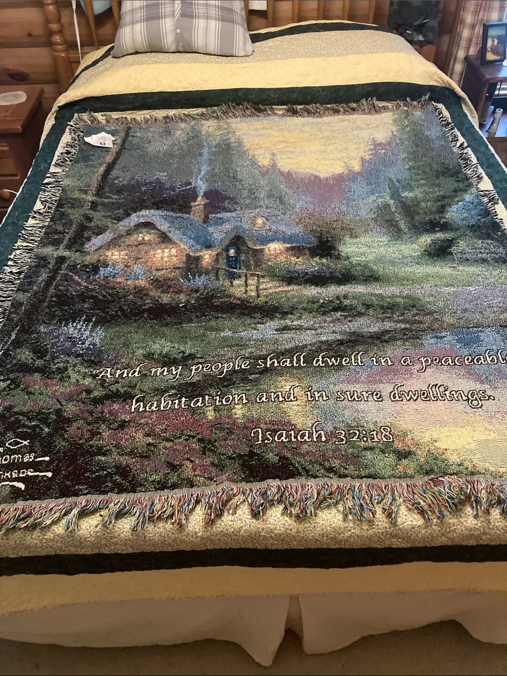 Thomas Kinkade Meadowwood Cottage tapestry throw 50x60 NWT made in the USA